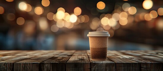 Poster - Empty cup on a wooden table with a blurred background. Copy space image. Place for adding text and design