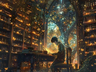 Wall Mural - Man Reading in a Magical Library.