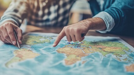 Traveler is planning vacation using the world map. Man is pointing on the map while the man is discussing. copy space for text.