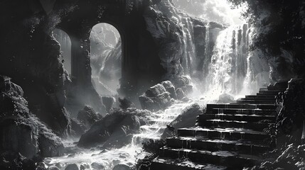 Poster - Magical Waterfall in Black and White.