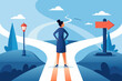 © Ouahdou - Decision choice, confusion, doubt for opportunity, challenge to choose career path, way to success or tough decision, way to solve problem concept, confused businesswoman make decision choosing path