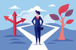 © Ouahdou - Decision choice, confusion, doubt for opportunity, challenge to choose career path, way to success or tough decision, way to solve problem concept, confused businesswoman make decision choosing path