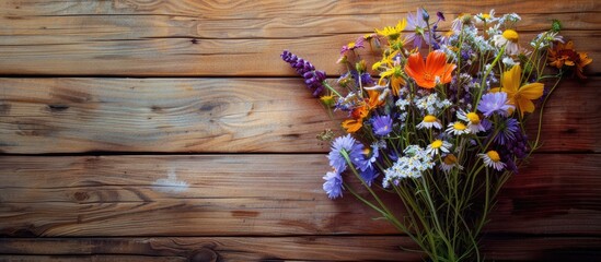 Poster - close up of a wildflower bouquet set against a wooden background selective focus space for text. cop