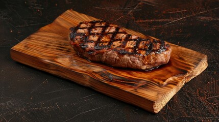 Juicy meat steak with artistic grill marks on a wooden board