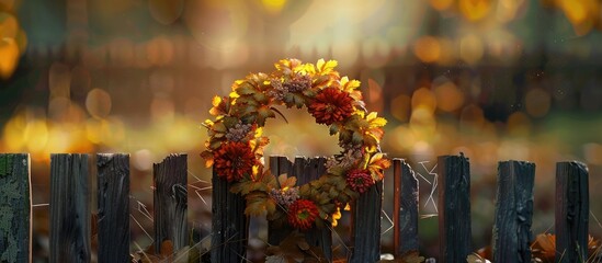 Wall Mural - autumn wreath on a wooden fence close up shot. copy space image. place for adding text and design