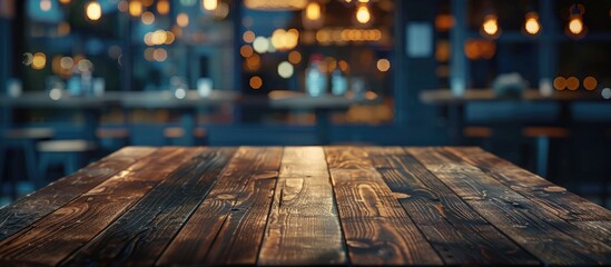 Poster - empty dark wooden table set against an abstract blurred bokeh background of a restaurant this can be
