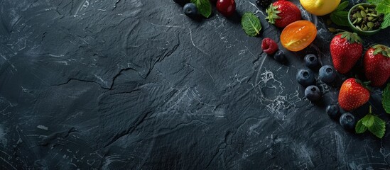 Poster - Organic food on a dark stone surface Fruits and vegetables Top view Empty copy space