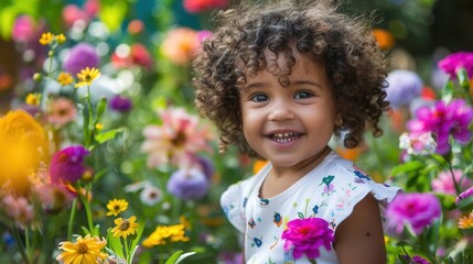 Poster - A joyful young girl explores a lush garden filled with bright flowers, radiating happiness and curiosity on a sunny day. Generative AI