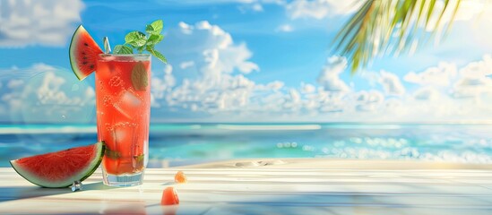 Slices of watermelon and a small cocktail with a fresh mint leaf in a glass on a white tabletop with a blurred background of an exotic sandy beach and blue sky Empty copy space for products and food