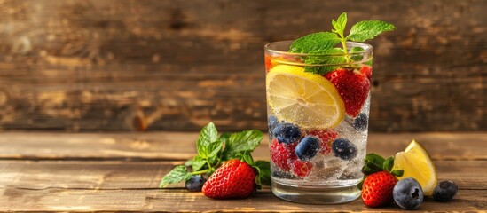 Canvas Print - Infused water with blueberry strawberry and lemon in sparkling mineral water appears very fresh and healthy A mixed fruit mojito is placed on a wooden table with copyspace This highlights the concept