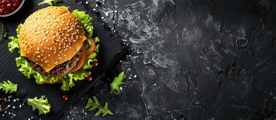 Wall Mural - Fast food idea Homemade Hamburger on a black slate plate with copyspace