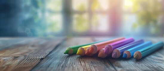 Poster - crayons placed on the table. copy space image. place for adding text and design