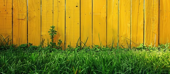 Poster - Background featuring a yellow wooden wall and green grass Copy space