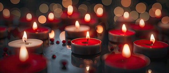 Poster - Red and White Candles Lit Close up image of small red and white candles burning with a dark background Selective focus is on the center of the candles. Copy space image