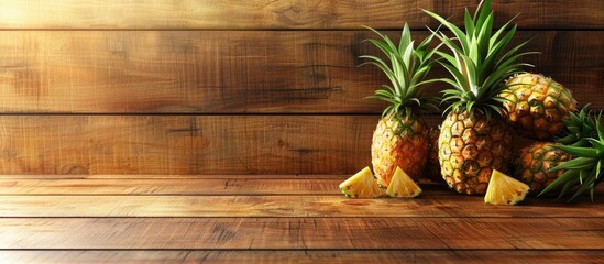 Sticker - Cut ripe pineapples placed on a wooden background. Copy space image. Place for adding text and design