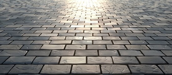 Poster - Gray brick pavement view Uniform block arrangement Brick flooring Sunlit outdoor texture Pathway background Brick design Close up construction Empty copyspace blocks