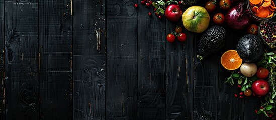 Wall Mural - Nutritious food Fruits and vegetables Set against a black wooden backdrop Top view Copy space