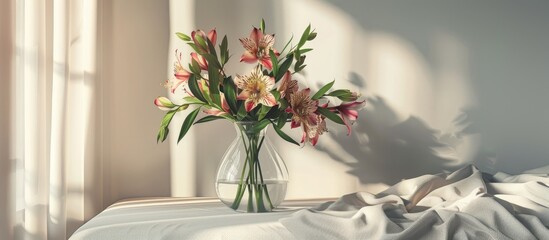 Canvas Print - Vase with lovely alstroemeria flowers and decor on a bedside table in the bedroom. Copy space image. Place for adding text and design