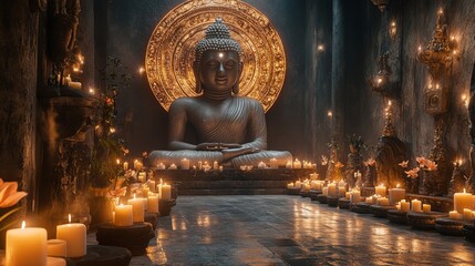 Buddha Statue in Ancient Temple with Candles