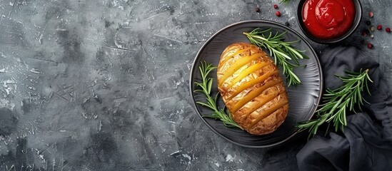 Sticker - Delicious baked potato with fragrant rosemary and sauce presented on a grey textured table viewed from above Room for text. Copy space image. Place for adding text and design