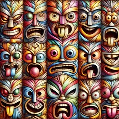 Wall Mural - Funny cartonized tiki mask pattern
