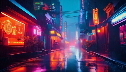 Wall Mural - Bright Neon Warning Sign Illuminates Alleyway During Rainy Evening in Vibrant City Scene