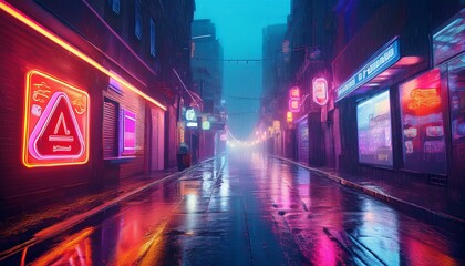 Wall Mural - Bright Neon Warning Sign Illuminates Alleyway During Rainy Evening in Vibrant City Scene