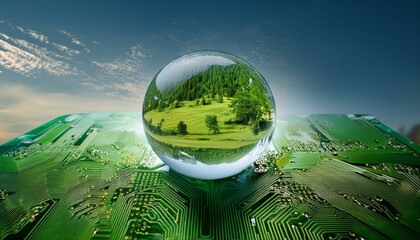 Wall Mural - circuit board morphing into green landscape with crystal globe.