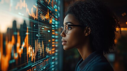 Canvas Print - A financial advisor clad in professional attire examines intricate holographic data visualizations of market trends as dusk falls.