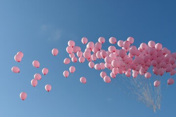 Pink Balloon Release: A skyward view of dozens of pink balloons being released into the clear blue sky, symbolizing hope and remembrance. The balloons should vary in shades of pink, and a few clouds c