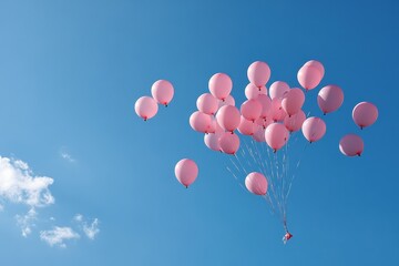 Pink Balloon Release: A skyward view of dozens of pink balloons being released into the clear blue sky, symbolizing hope and remembrance. The balloons should vary in shades of pink, and a few clouds c