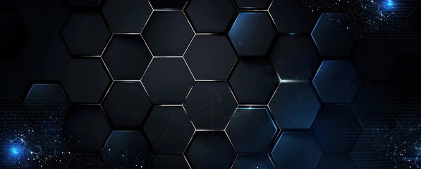 Poster - Abstract Dark Hexagon Pattern with Blue Glowing Edges and White Specks