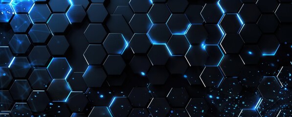 Wall Mural - Abstract Black Hexagon Pattern with Blue Glowing Lines and Particles