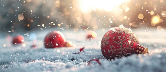 Poster - Snow falling over a close up of Christmas baubles on the snow. Copy space image. Place for adding text and design