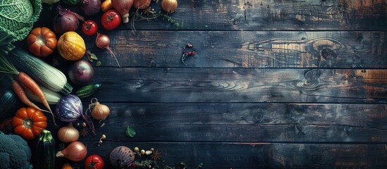 Sticker - Assortment of winter vegetables on a rustic wooden backdrop. Copy space image. Place for adding text and design