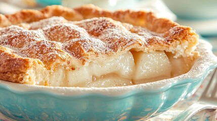   A close-up of a pie with powdered sugar on top in a bowl on a table with a fork