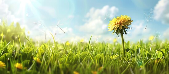 Poster - Lovely spring dandelion flower in a grassy field. Copy space image. Place for adding text and design