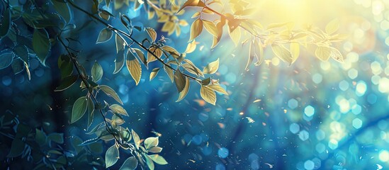 Poster - blue tree sunlight time leaf. Copy space image. Place for adding text and design