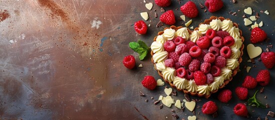 Wall Mural - Homemade berry tart and white chocolate in the shape of a heart. Copy space image. Place for adding text and design