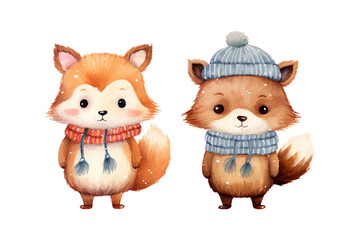 Vector watercolor winter fox in sweater and red hat, scarf design for new year card, merry christmas card, cute bear character isolated on white winter friends animals trendy