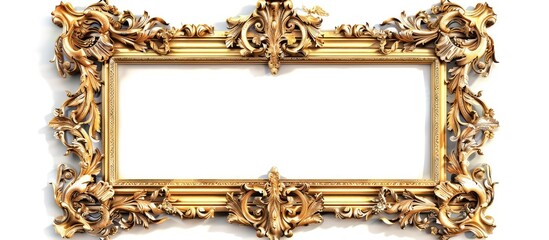 An antique ornamental carved picture frame painted gold cut out against a white background. Copy space image. Place for adding text and design