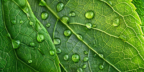 Green leaf with water droplets in close up and detailed, version 8