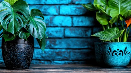   Two potted plants rest atop a wooden table, beside a blue brick backdrop