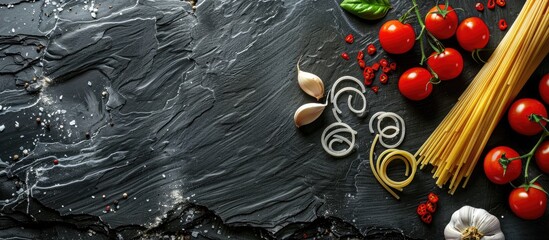 Canvas Print - Ingredients for preparing Italian pasta spaghetti tomatoes and garlic on a black stone slate Top view of Italian cuisine with copyspace