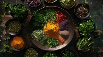 Fresh herbs and spices arranged like a color wheel