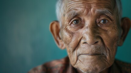 Aufkleber - An elderly man reflects wisdom and calmness, showcasing a rich life through deep-set eyes and weathered skin, set against a softly colored background. Generative AI