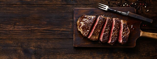 Sliced medium-rare beef steak on a dark wooden table with copy space, top view. Gourmet meat dinner background. Black slate plate and fork. BBQ grill food concept. Top-down view.