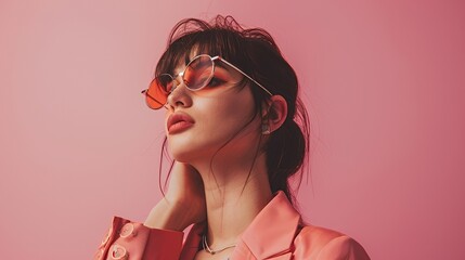 Wall Mural - A fashionable woman poses with sunglasses against a pink background, exuding confidence.