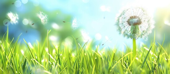 Poster - Lovely spring dandelion flower in a grassy field. Copy space image. Place for adding text and design