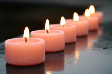 Pink Candle Vigil: A serene image of several pink candles burning in a row, with soft, warm light casting gentle shadows. The candles should be arranged on a reflective surface, and the flames should 